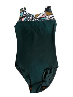 NWOT Eleve Dancewear Dark Green with Geometric Print Leotard Adult Size Small